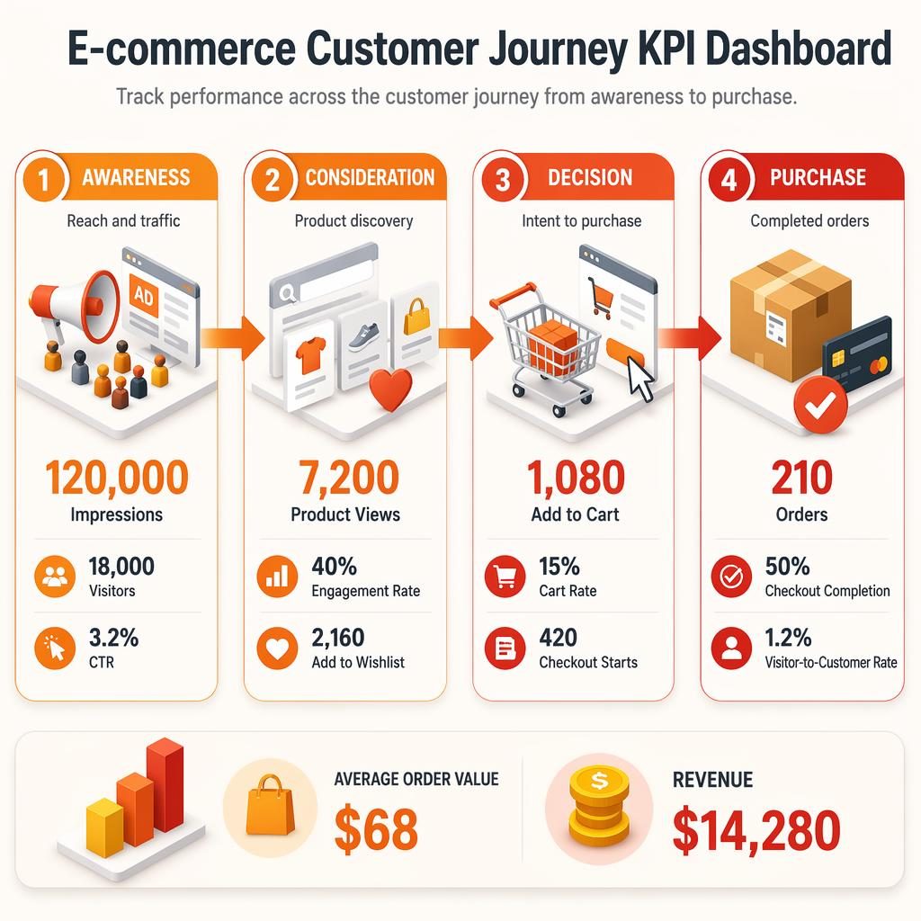 Isometric e-commerce KPI dashboard with 4 journey stages, flow arrows, metrics cards, and bottom revenue summary bar.