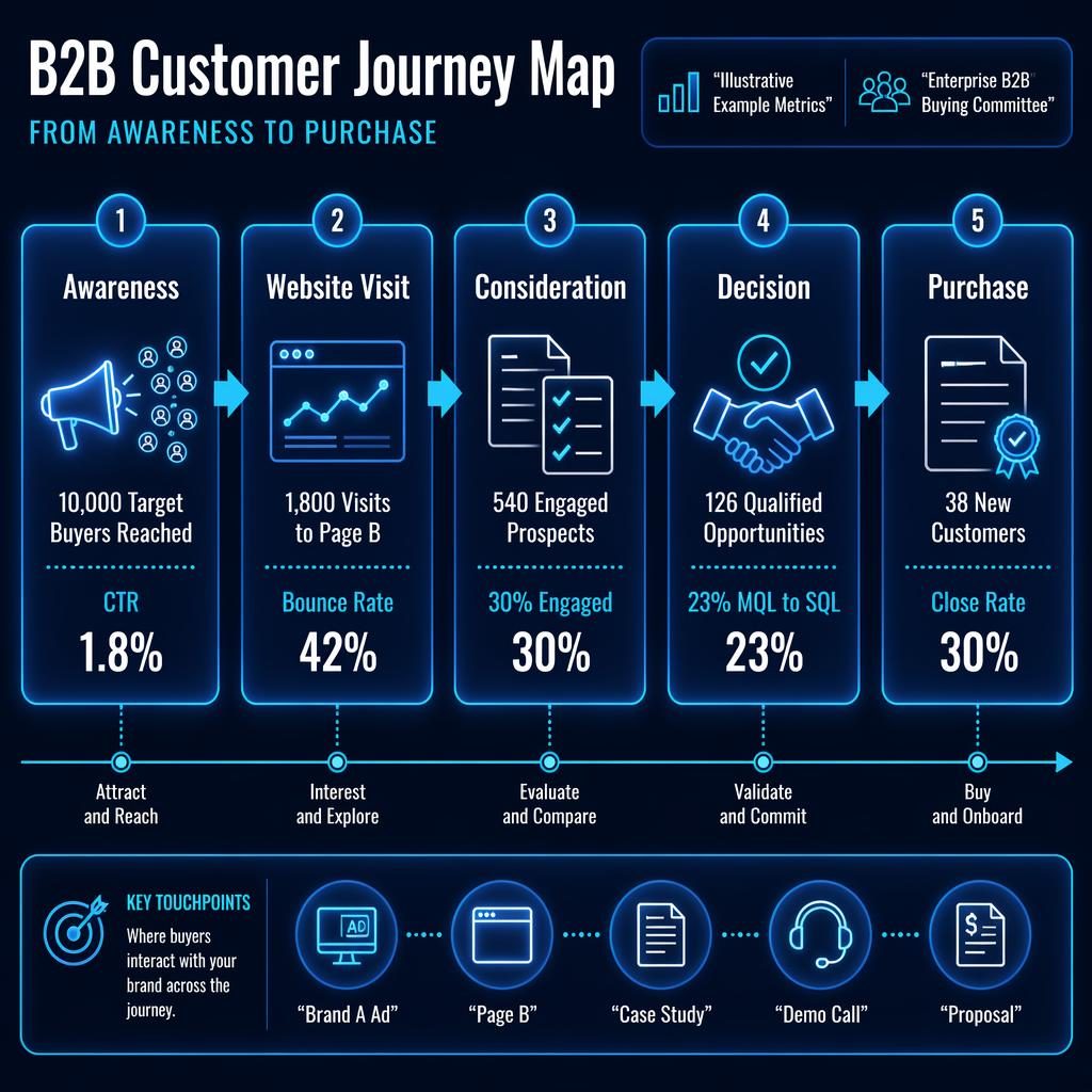 Wide B2B customer journey map infographic with 5 glowing stages, arrows, metrics, touchpoints, and enterprise ribbon.