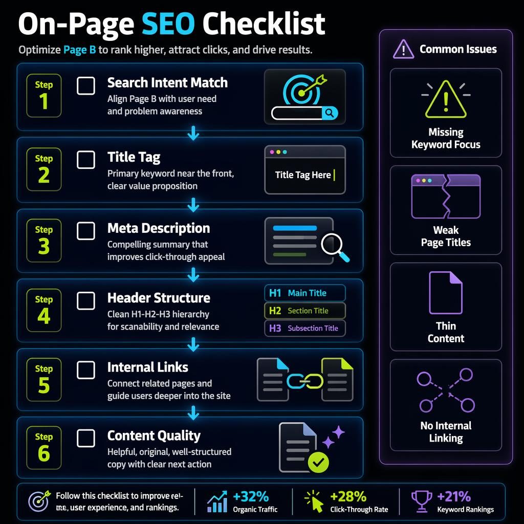 Vertical dark-mode infographic with 6 connected SEO checklist blocks, arrows, icons, and a Common Issues side panel.