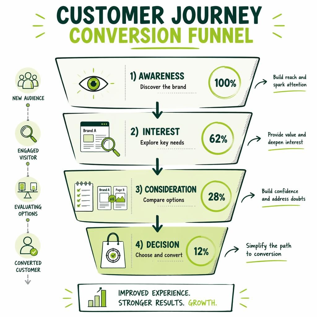 Vertical customer journey conversion funnel infographic with 4 stages, green sketch style, arrows, metrics, and icons.