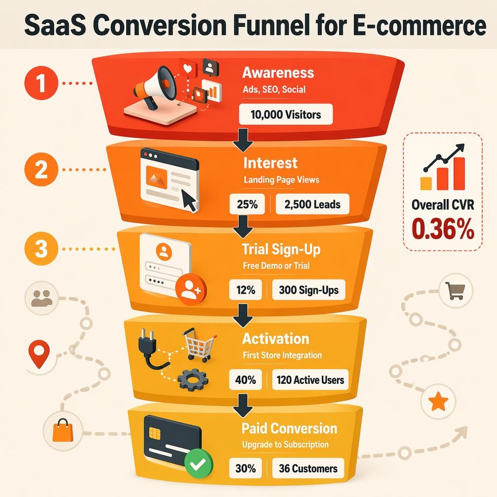 Vertical SaaS conversion funnel infographic with 5 e-commerce stages, orange-red 3D blocks, arrows, metrics, icons, and CVR callout.
