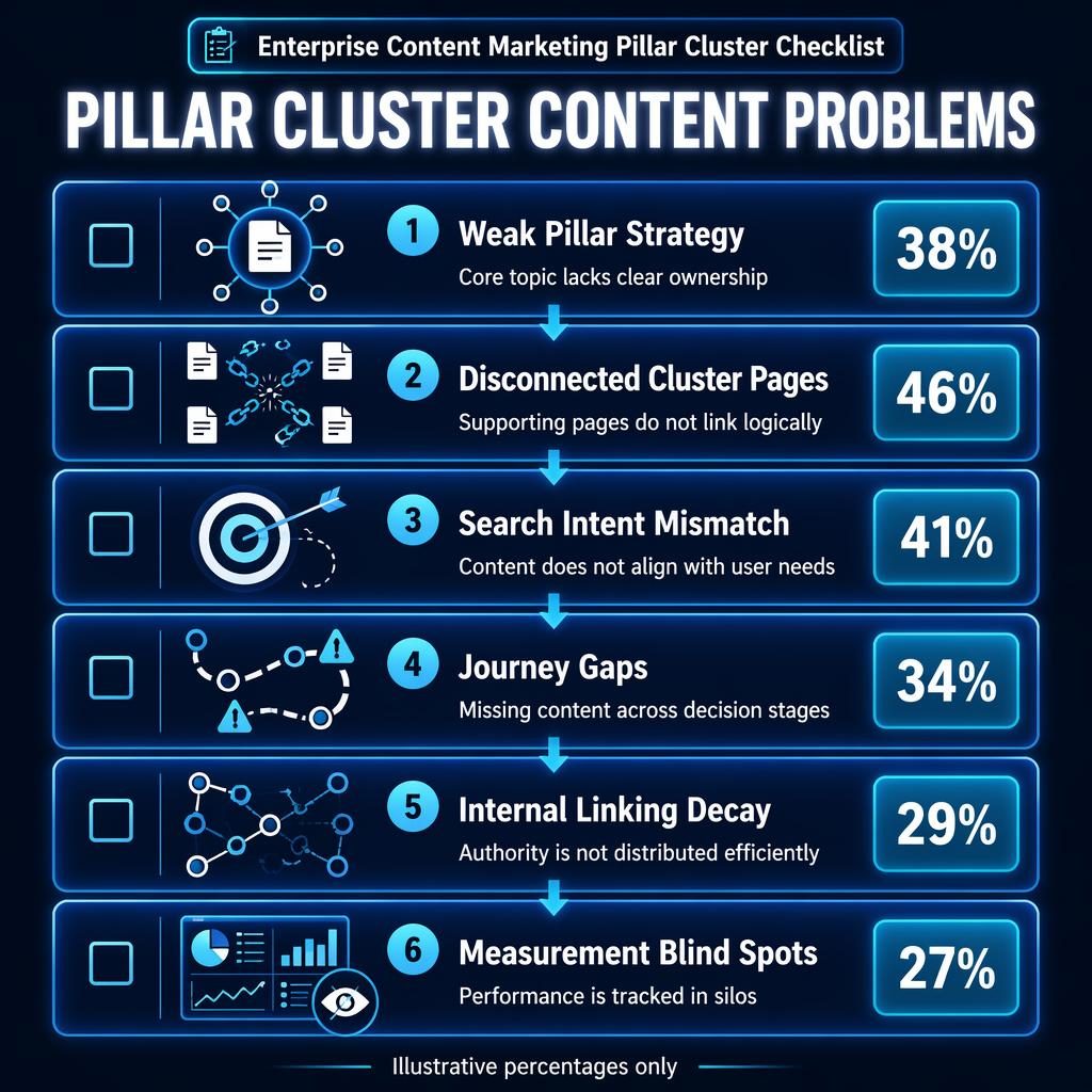 Blue neon vertical infographic with 6 checklist cards on pillar cluster content problems, arrows, percentages, summary band and footer.