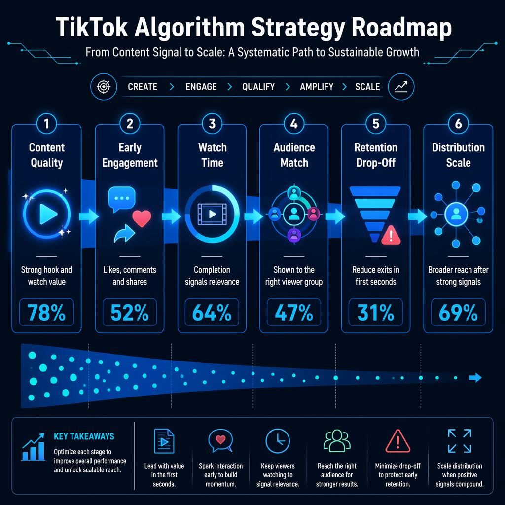 Blue neon TikTok strategy roadmap infographic with 6 connected blocks, metrics, icons, arrows, and funnel drop off rate flow.