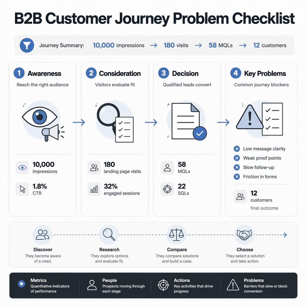 Horizontal 4-block B2B customer journey infographic with Notion-style cards, funnel metrics, icons, arrows, and key problems.