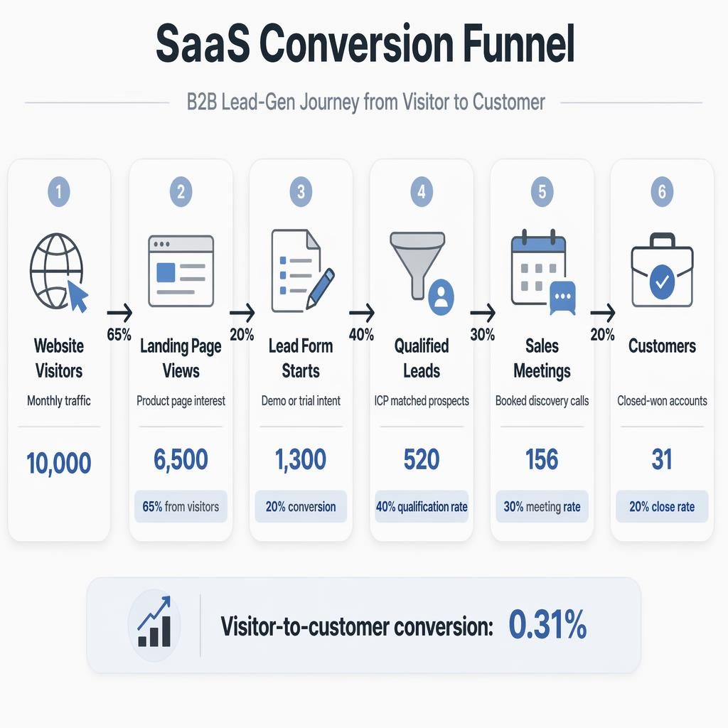 Horizontal SaaS conversion funnel infographic with 6 labeled blocks, arrows, metrics, icons, and 0.31% footer summary.