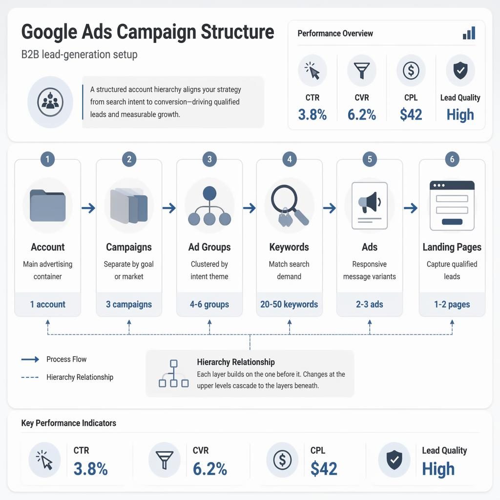 Soft UI dashboard infographic showing 6 Google Ads campaign blocks, arrows, and KPI cards for a B2B lead-gen flow.