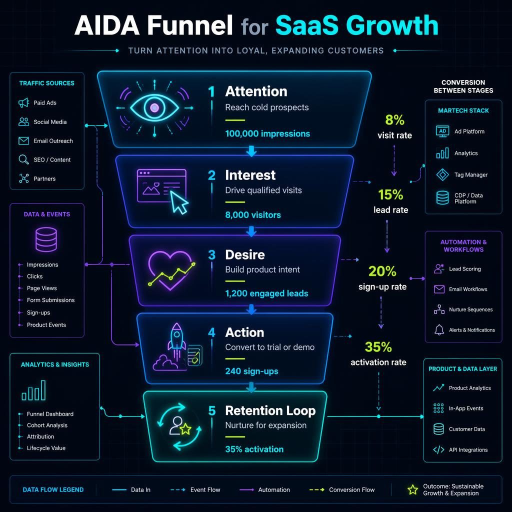 Dark mode SaaS funnel infographic with 5 glowing stages, arrows, metrics, neon icons, and conversion rate notes.