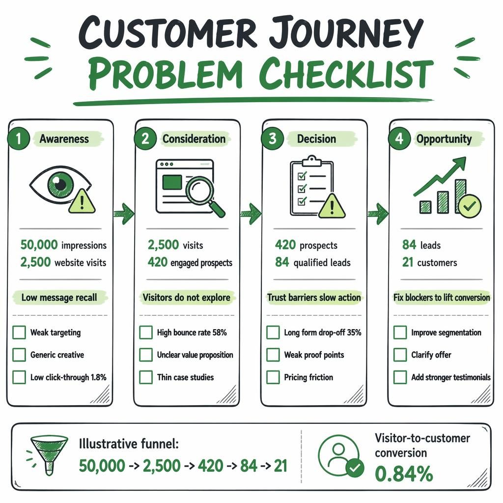 Whiteboard-style buyer persona infographic with 4 checklist panels, arrows, metrics, percentages, and funnel summary.