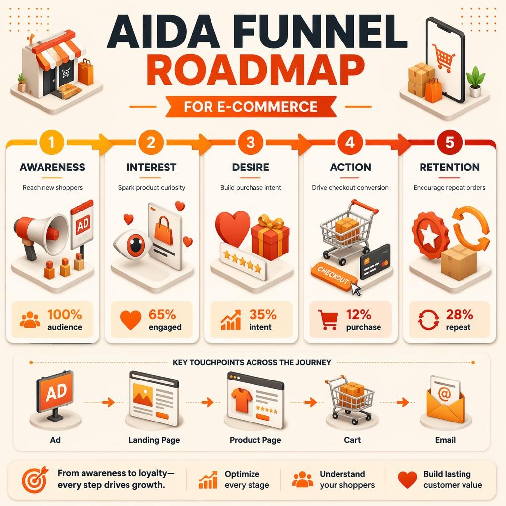 Infografía isométrica horizontal del embudo AIDA para e-commerce con 5 etapas, flechas, métricas e iconos 3D.