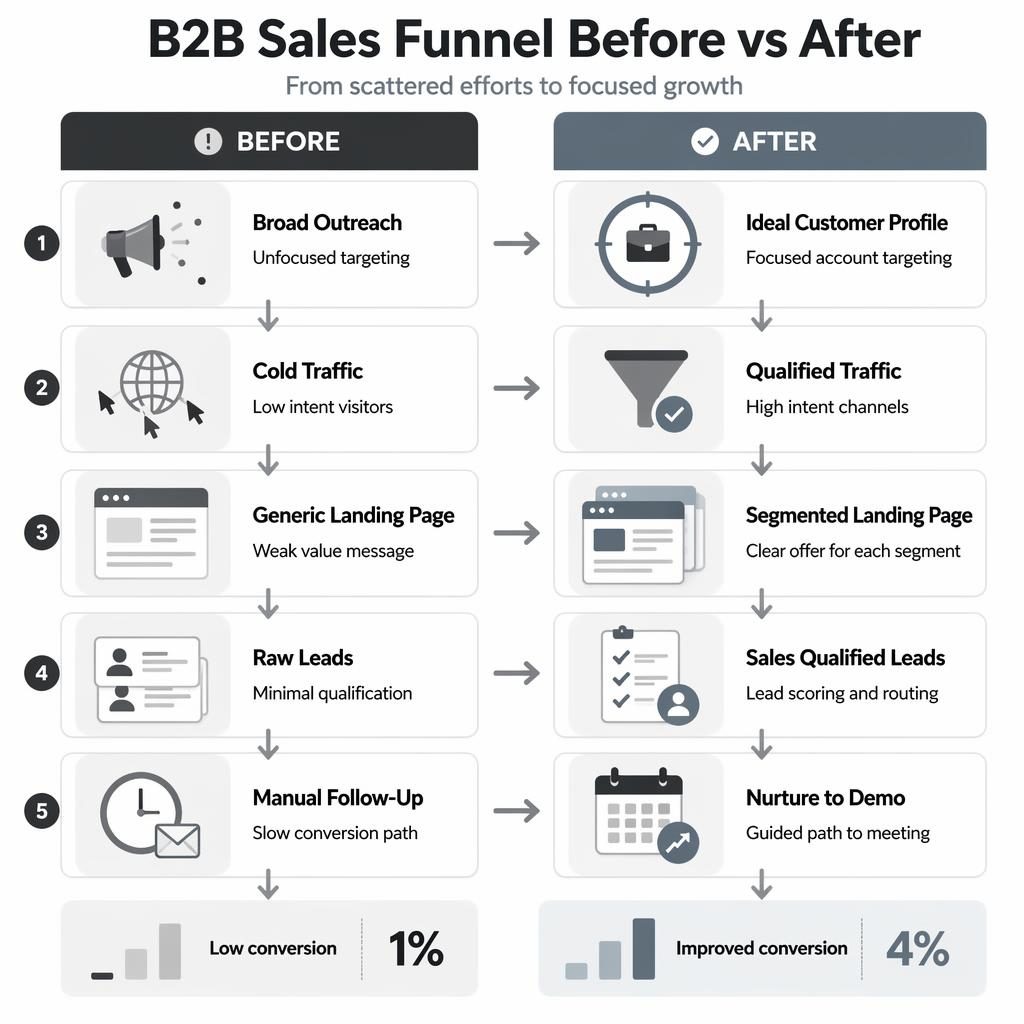 Split-screen B2B sales funnel infographic with Before and After columns, 5 paired stages, arrows, icons, and 1% vs 4% callouts.