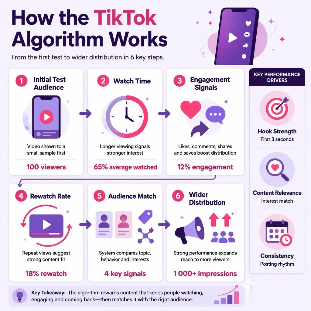 Purple and pink TikTok algorithm dashboard infographic with 6 insight blocks, flow arrows, KPI strip, and flat icons.