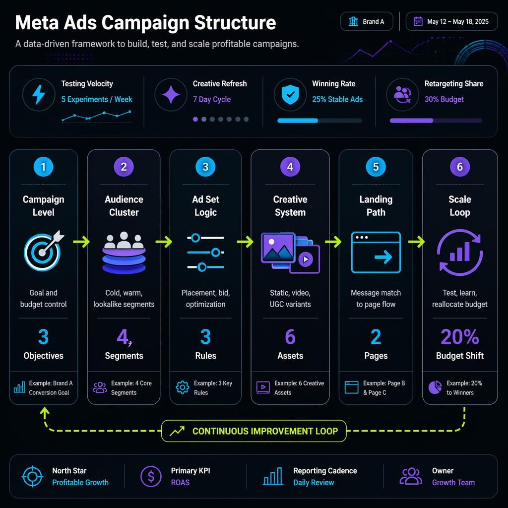 Dark-mode infographic dashboard showing 6 connected Meta Ads campaign blocks and a top KPI strip with neon accents.