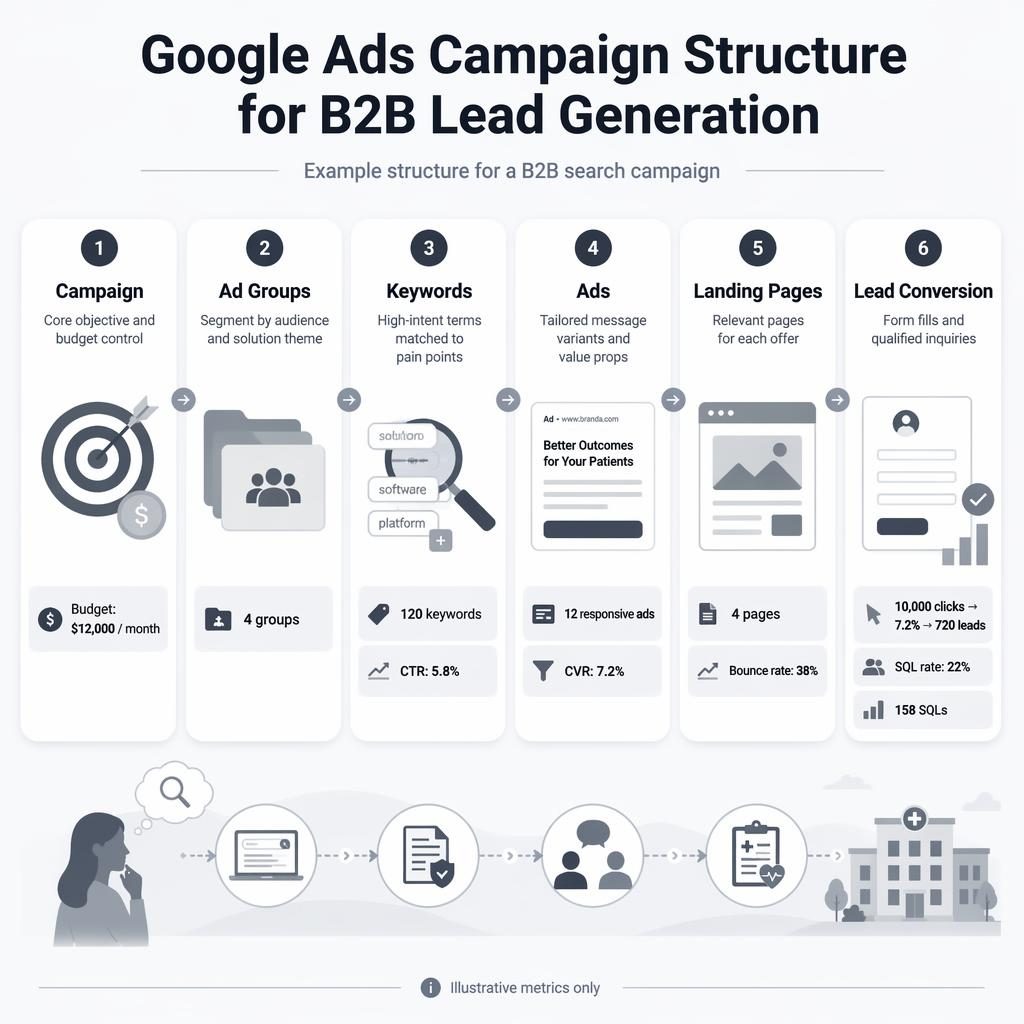 Horizontal infographic with 6 rounded blocks showing Google Ads B2B lead generation flow in soft monochrome UI.