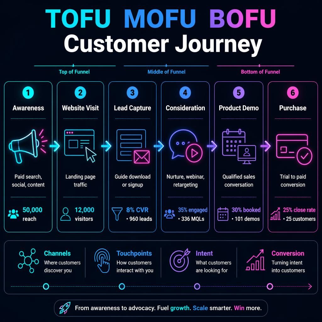 Dark-mode SaaS customer journey infographic with 6 funnel stages, neon icons, arrows, metrics, and bottom context markers.