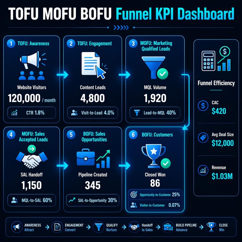 Moderne Sales Funnel Grafik mit 6 KPI-Blöcken, Pfeilen, Sidebar und blauem Neon-Dashboard auf dunklem Hintergrund.