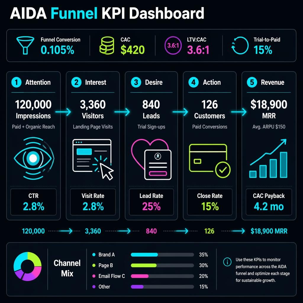 Dark-mode mautic dashboard infographic with five AIDA funnel KPI cards, neon arrows, top summary strip, and side note panel.