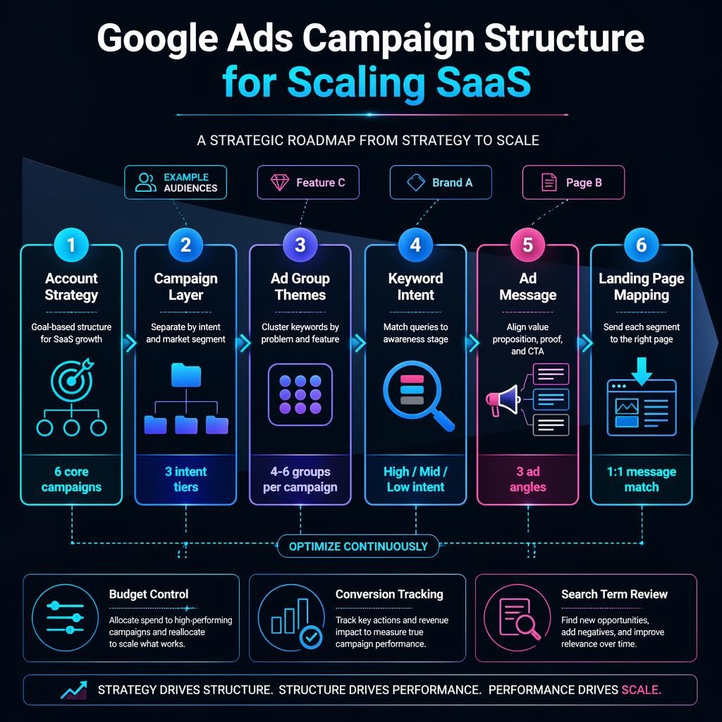 Dark mode SaaS roadmap infographic with 6 Google Ads campaign blocks, arrows, side callouts, and 3 optimization pillars.