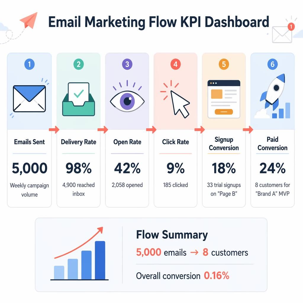 Modern flat infographic dashboard with 6 email marketing KPI blocks, arrows, icons, and a flow summary panel in pastel colors.