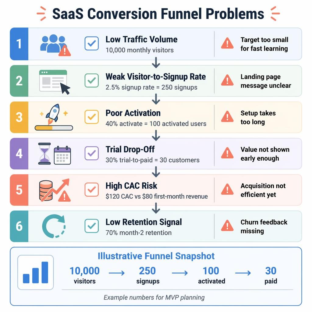 Vertical SaaS funnel checklist infographic with 6 labeled problem blocks, arrows, warning icons, and a summary panel.