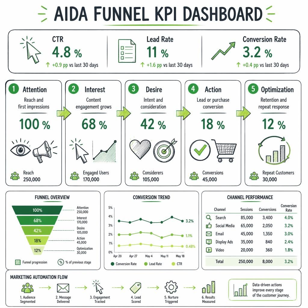 Whiteboard-style mautic dashboard infographic with five AIDA funnel KPI blocks, top summary cards, green arrows, and sketch icons.