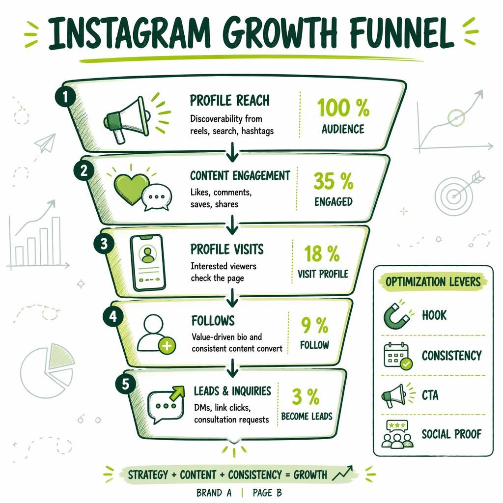 Whiteboard-style vertical funnel infographic showing 5 Instagram growth stages, metrics, arrows, and optimization levers.
