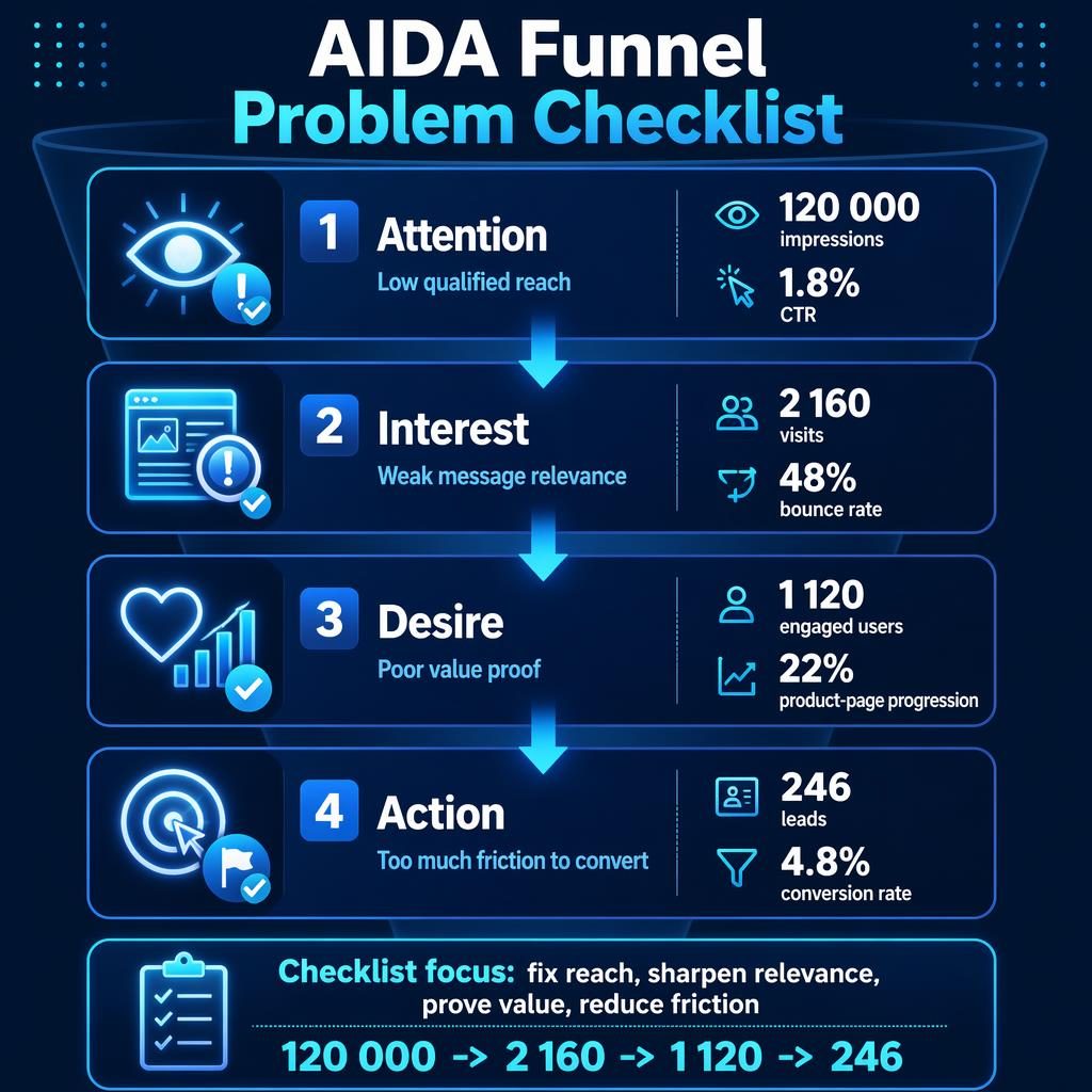 Vertical AIDA funnel checklist infographic with 4 glowing blue cards, metrics, icons, arrows, and a summary strip on navy.
