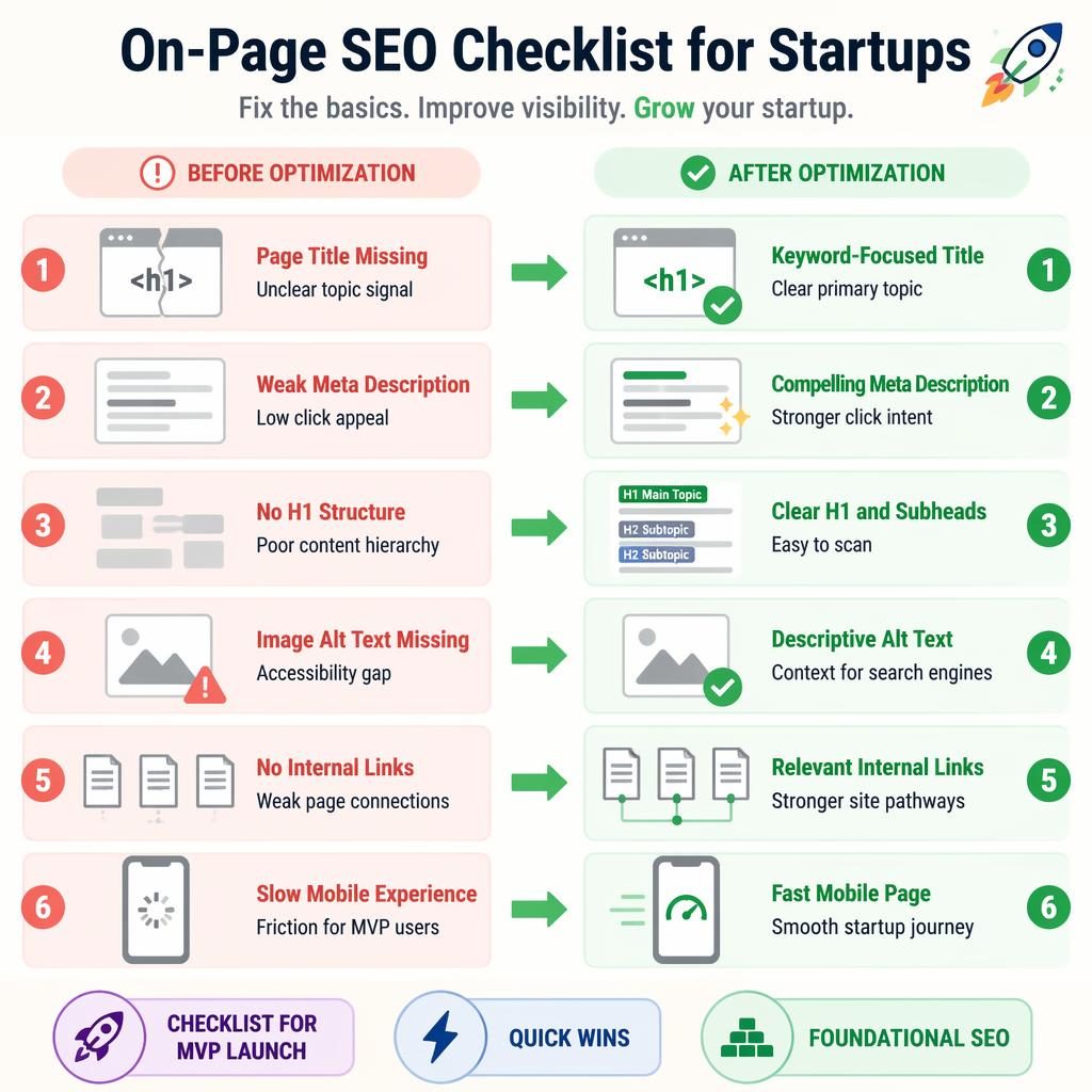 Split-screen infographic comparing before and after on-page SEO fixes for startups with 6 checklist blocks and icons.