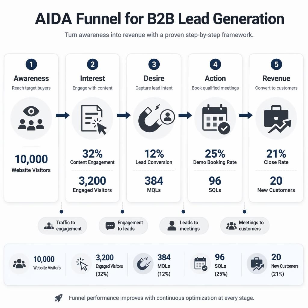 Horizontal AIDA funnel infographic with 5 soft-UI blocks, arrows, metrics, and icons for B2B lead generation flow.