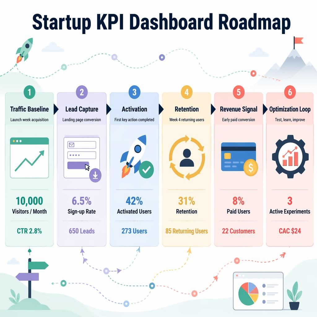 Horizontal startup KPI roadmap infographic with 6 connected blocks, arrows, icons, and a subtle non linear journey map background.