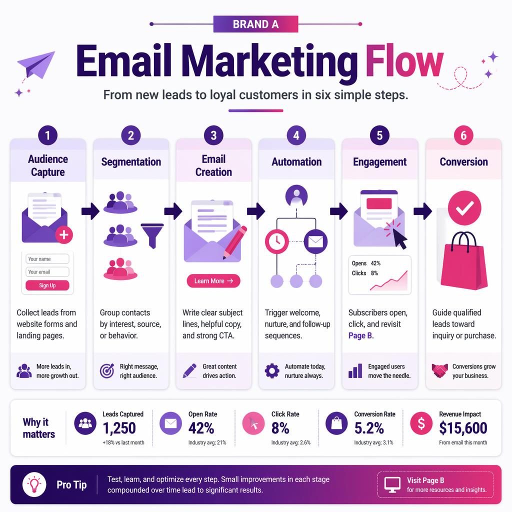 Horizontal infographic with 6 connected email marketing stages, purple-pink cards, arrows, flat icons, and English labels.