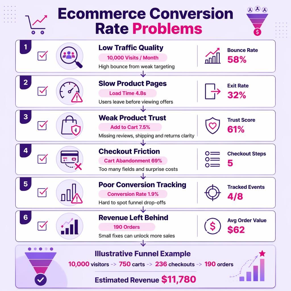 Vertical ecommerce checklist infographic with 6 white cards, arrows, purple-pink palette, and clickfunnels conversion tracking metrics.