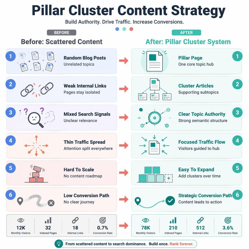 Split infographic comparing scattered content vs pillar cluster system with 6 mirrored rows, arrows, icons, and pastel UI style.