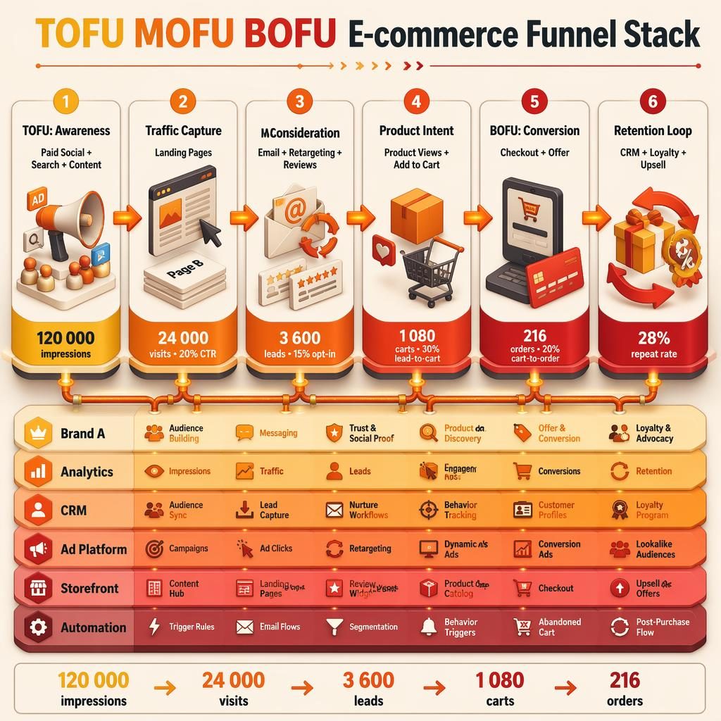 Isometric demand generation dashboard showing a 6-step e-commerce funnel stack with metrics, arrows, and platform layers.