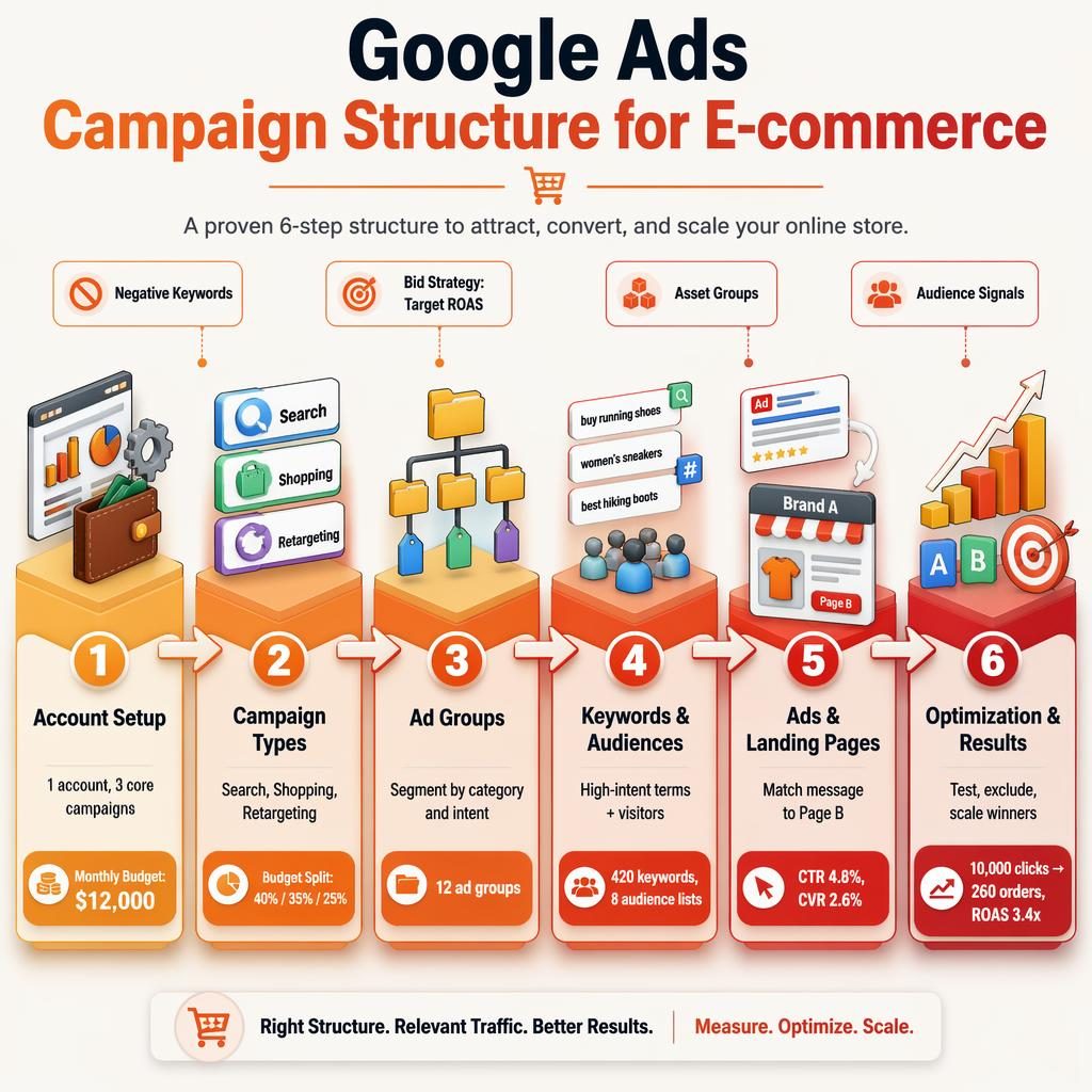 Horizontal isometric infographic with 6 Google Ads campaign blocks, arrows, metrics, and e-commerce optimization callouts.