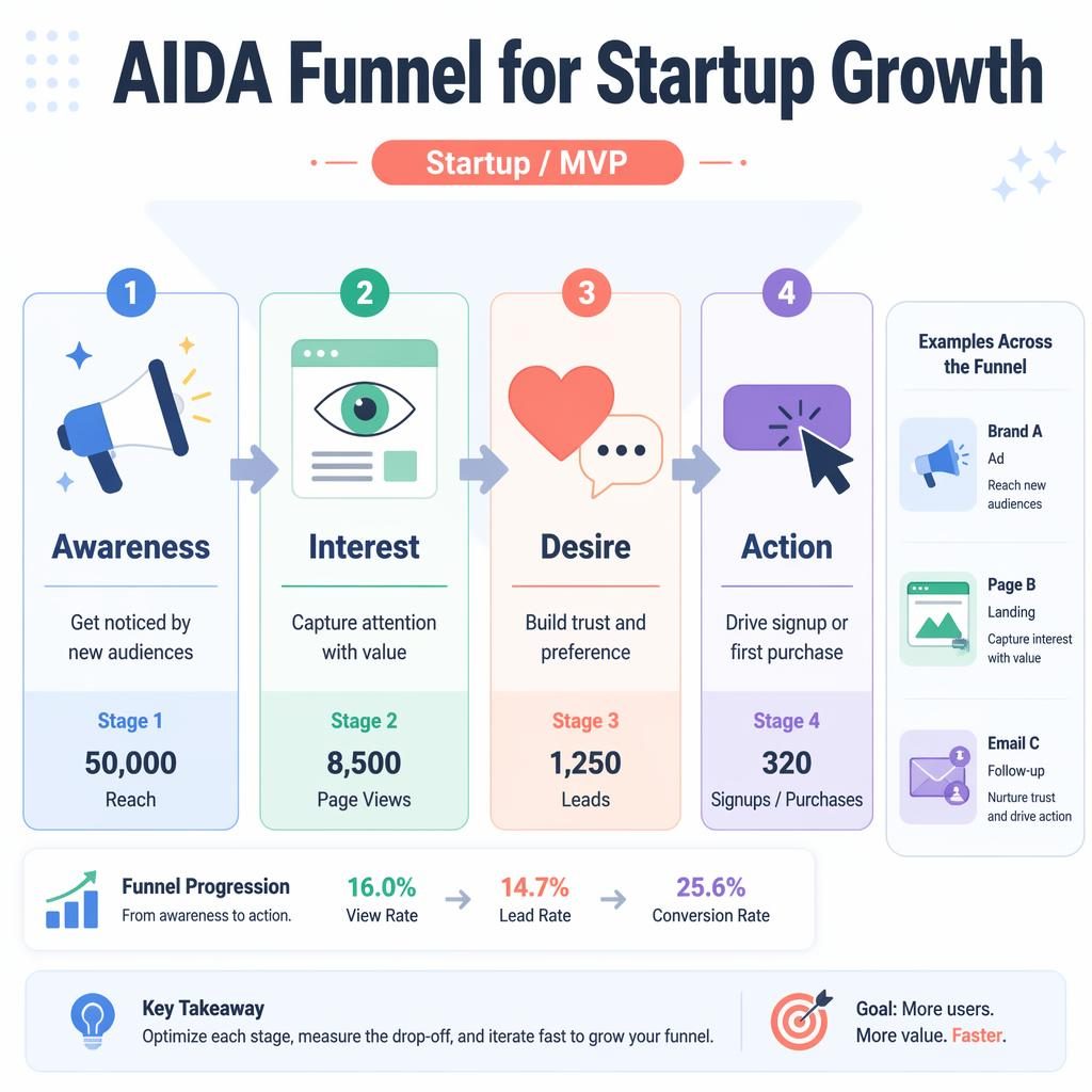 Horizontal AIDA funnel infographic for startup growth with 4 stages, arrows, pastel icons, Startup / MVP ribbon, and mini examples.