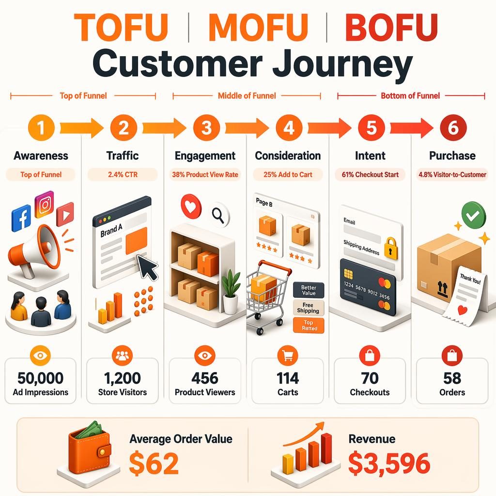 Isometric e-commerce journey infographic with 6 funnel stages, arrows, metrics, icons, and a revenue summary ribbon.
