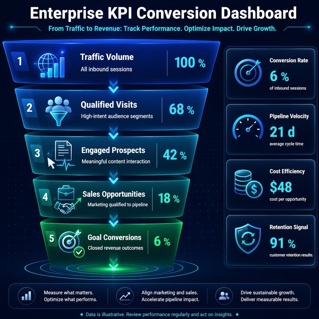 Vertical enterprise conversion funnel infographic with 5 KPI stages, side metrics, blue cyan glow, and deep navy dashboard style.