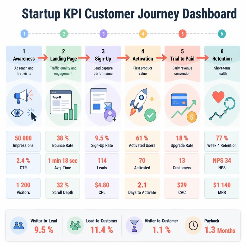 Modern flat infographic with 6-stage customer journey flow, KPI cards, arrows, pastel colors, and summary ribbon.