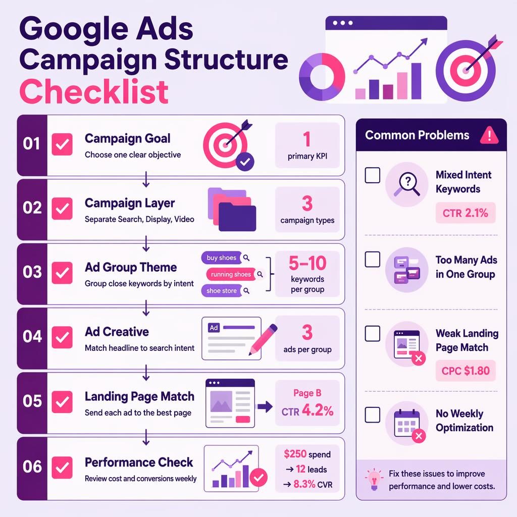 Vertical Google Ads checklist infographic with 6 stacked cards, flow arrows, icons, metrics, and a Common Problems side panel.