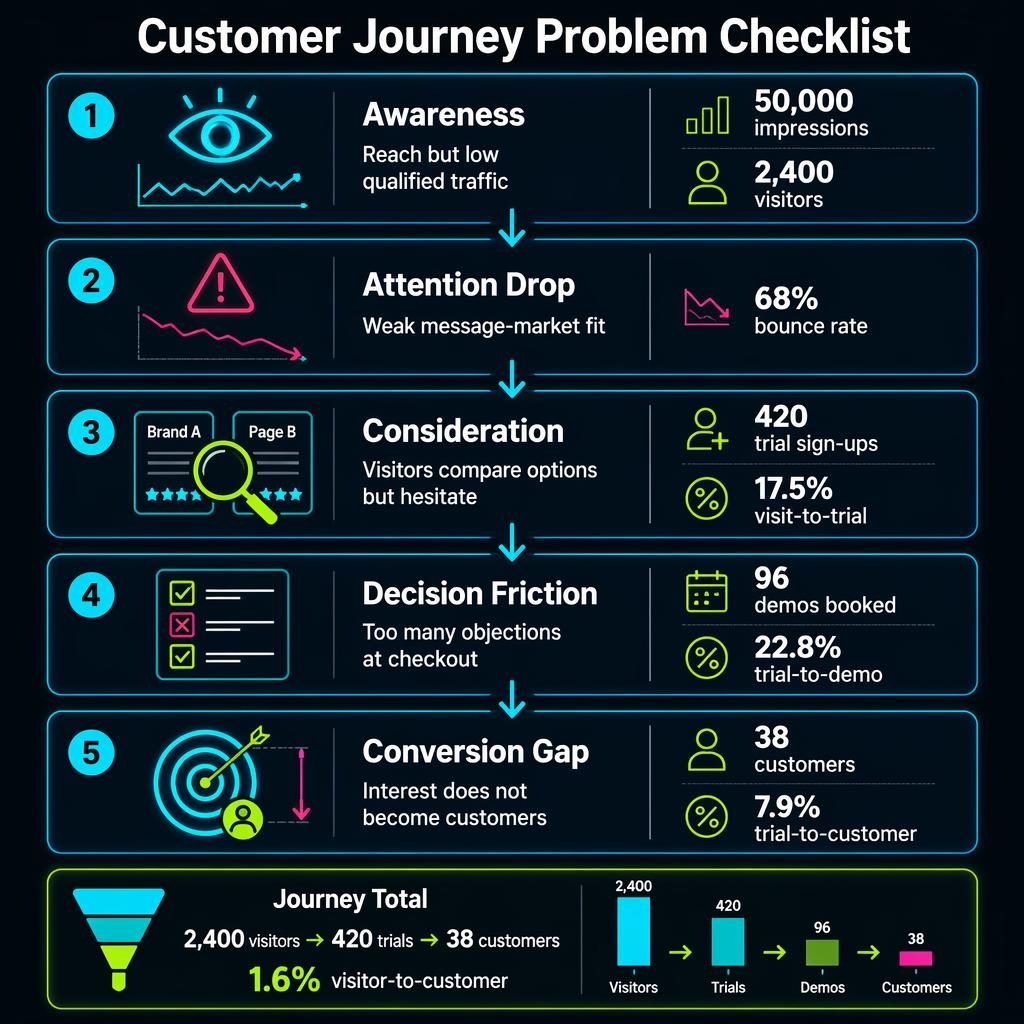 Dark mode SaaS infographic with 5 vertical checklist blocks, arrows, metrics, neon icons, and journey total funnel summary.