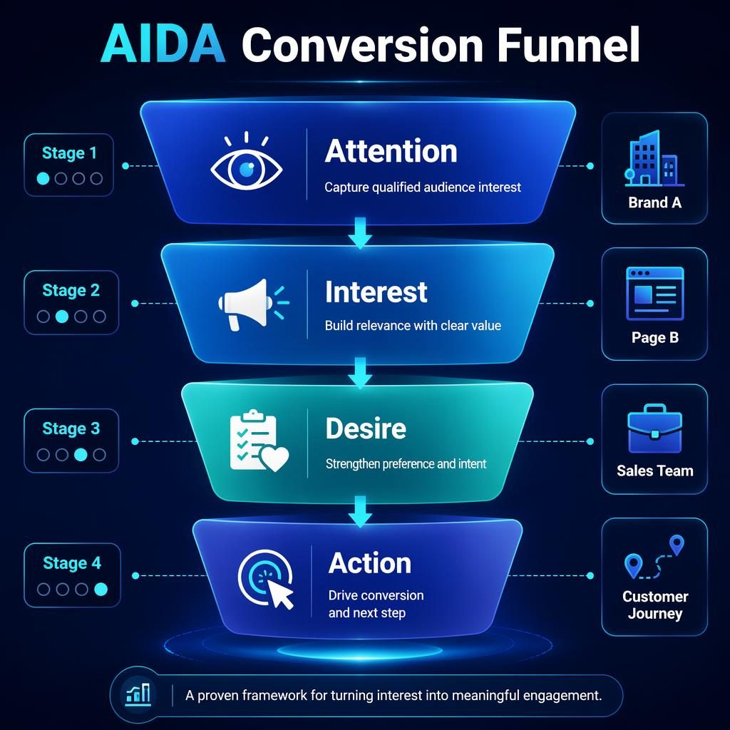 Blue AIDA conversion funnel infographic with 4 stages, arrows, icons, and enterprise customer journey callouts.