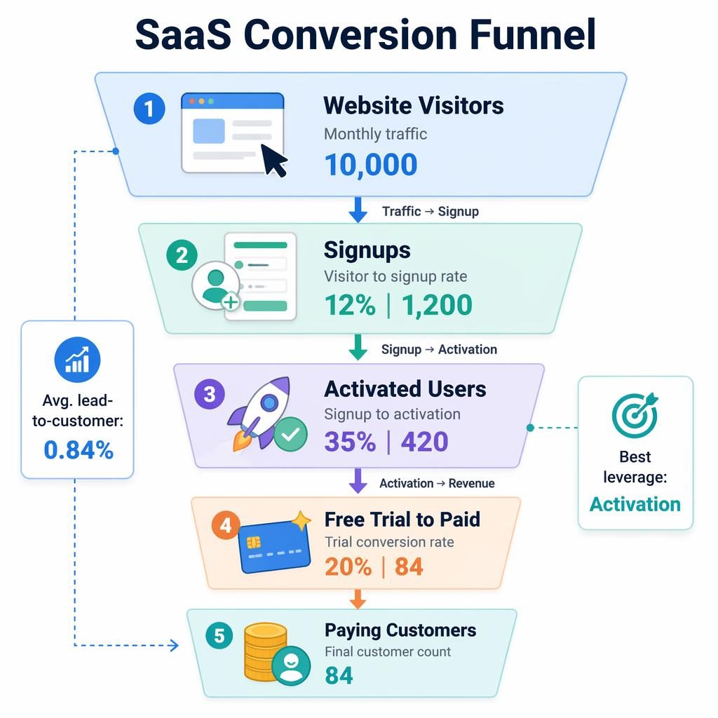 Modern SaaS conversion funnel infographic with 5 stages, metrics, arrows, icons, and side callouts in pastel colors.
