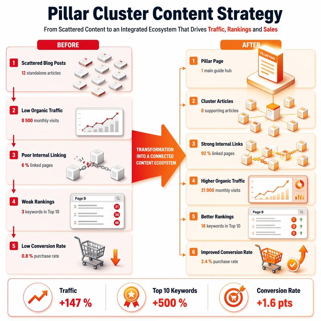 Isometric before-after infographic for an e-commerce store showing pillar cluster content strategy and KPI gains.