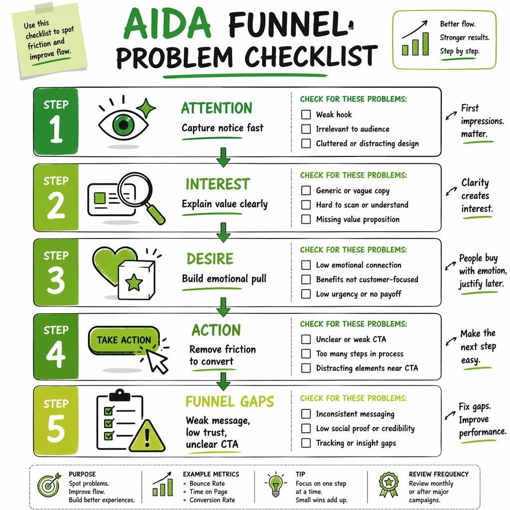 Vertical AIDA funnel checklist infographic with 5 connected blocks, green accents, icons, arrows, and checklist notes.