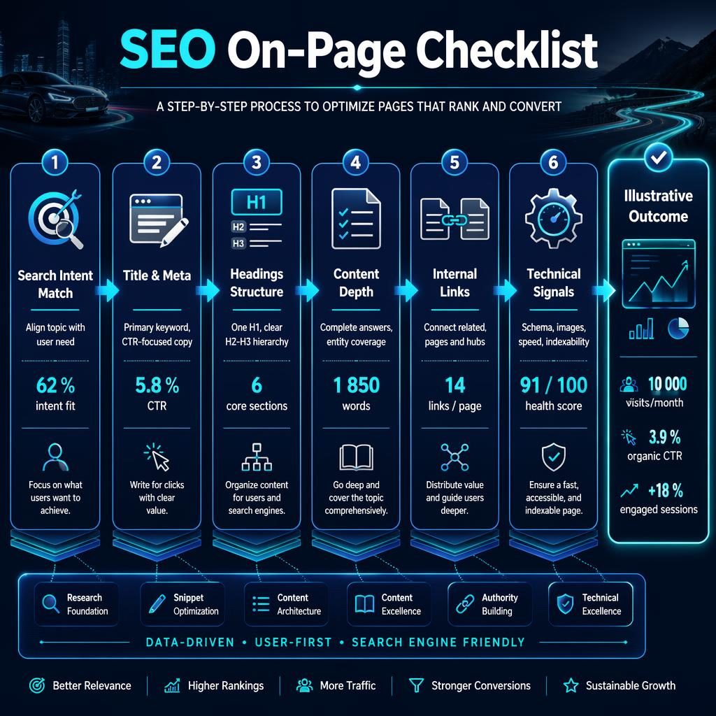 Horizontal SEO On-Page Checklist infographic with 6 glowing process blocks and a results panel on a dark blue tech background.
