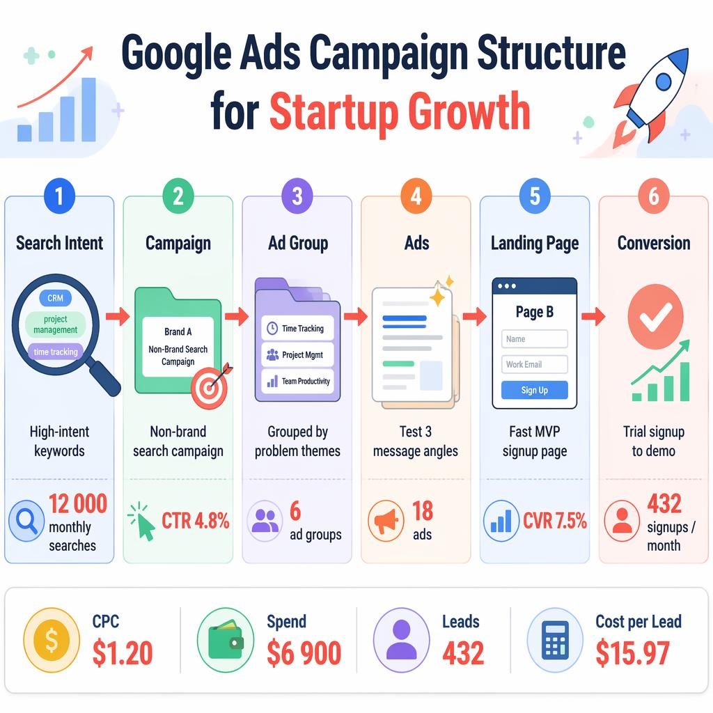 Modern flat infographic with 6-stage Google Ads journey map, arrows, metrics, icons, and efficiency strip for startup growth.