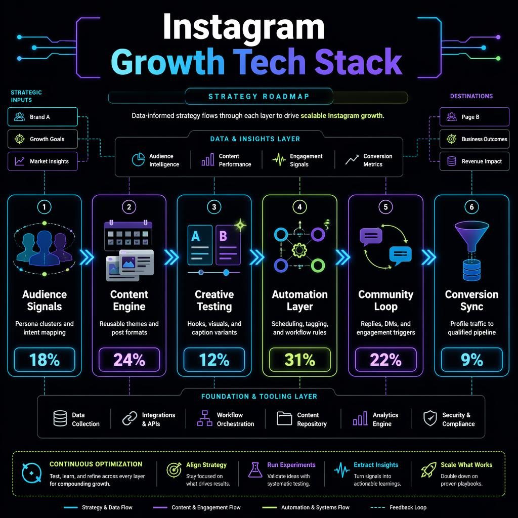 Dark mode infographic showing a horizontal Instagram growth tech stack with 6 glowing blocks, neon arrows, icons, and percentage badges.