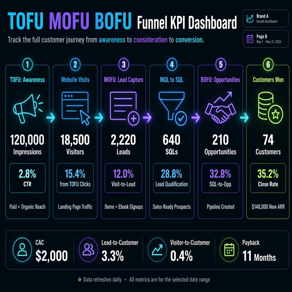 Tmavý firemní marketing diagram s 6 KPI bloky TOFU MOFU BOFU, šipkami, neonovými akcenty a souhrnnými kartami.