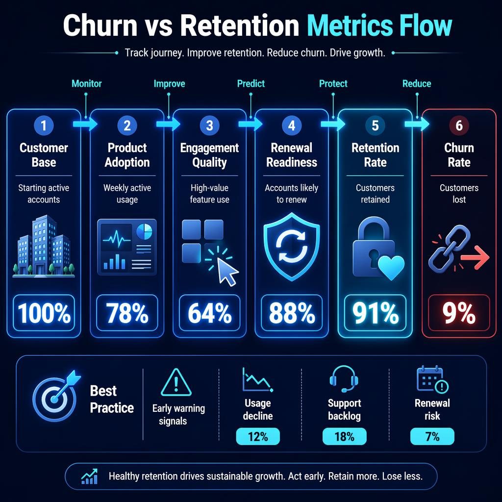 Horizontal enterprise infographic with 6 glowing blocks comparing churn and retention metrics on a navy blue background.