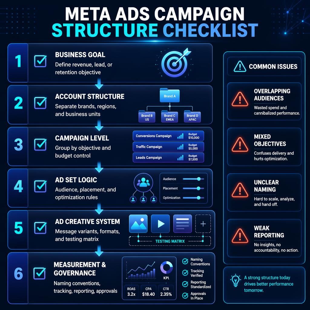 Vertical Meta Ads campaign checklist infographic with 6 connected blocks, arrows, icons, and a Common Issues side panel.